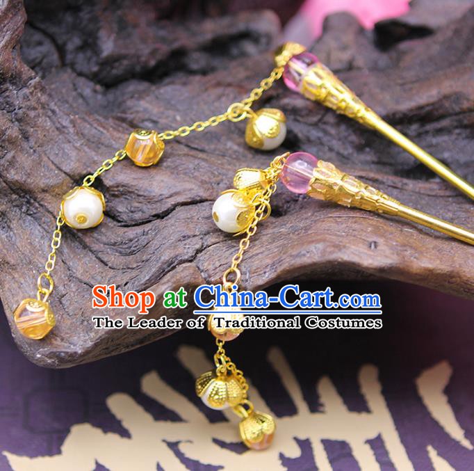Handmade Chinese Ancient Hair Accessories Pink Beads Tassel Step Shake Hairpins for Women