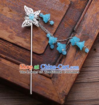 Handmade Chinese Ancient Princess Hair Accessories Butterfly Blue Tassel Hairpins for Women