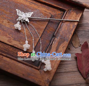Handmade Chinese Ancient Princess Hair Accessories Butterfly White Tassel Hairpins for Women