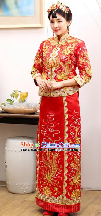 Traditional Ancient Chinese Costume Xiuhe Suits Wedding Embroidered Dragon and Phoenix Toast Cheongsam for Women