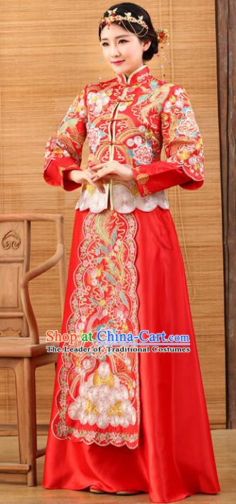 Traditional Ancient Chinese Costume Xiuhe Suits Wedding Dress Bride Embroidered Red Toast Clothing for Women