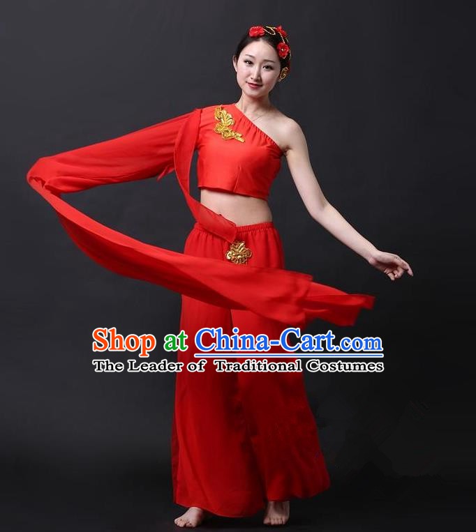 Traditional Chinese Classical Yangge Dance Costume, China Folk Dance Single Sleeve Red Clothing for Women