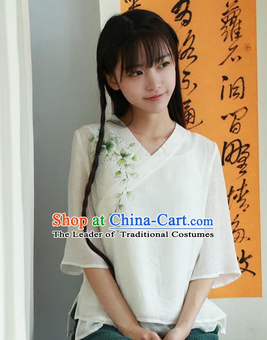 Traditional Chinese National Costume Embroidered Hanfu Blouse Tangsuit White Shirts for Women