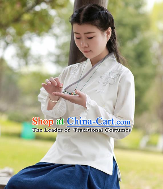 Traditional Chinese National Costume Embroidered White Shirts Hanfu Cheongsam Blouse for Women