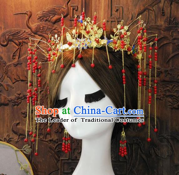 Chinese Handmade Classical Wedding Hair Accessories Ancient Red Phoenix Coronet Headdress for Women