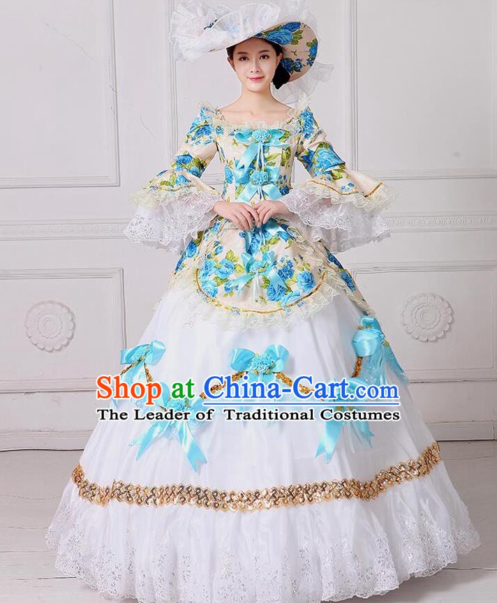 Traditional European Court Noblewoman Renaissance Costume Dance Ball Princess Blue Bowknot Dress for Women