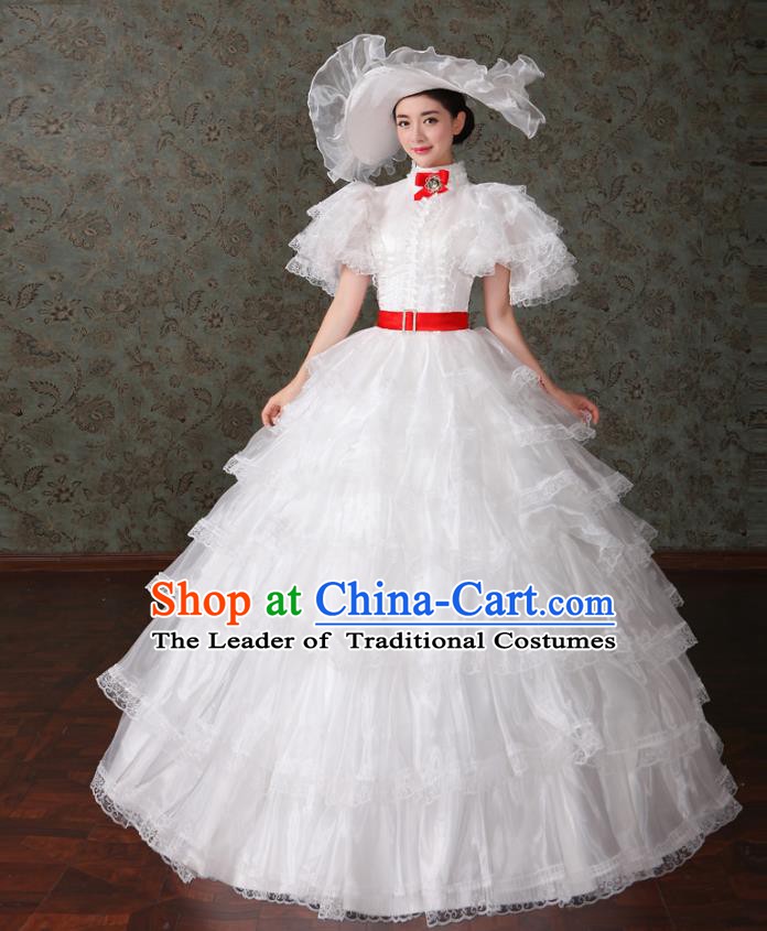 Traditional European Court Noblewoman Renaissance Costume Dance Ball Princess White Veil Dress for Women