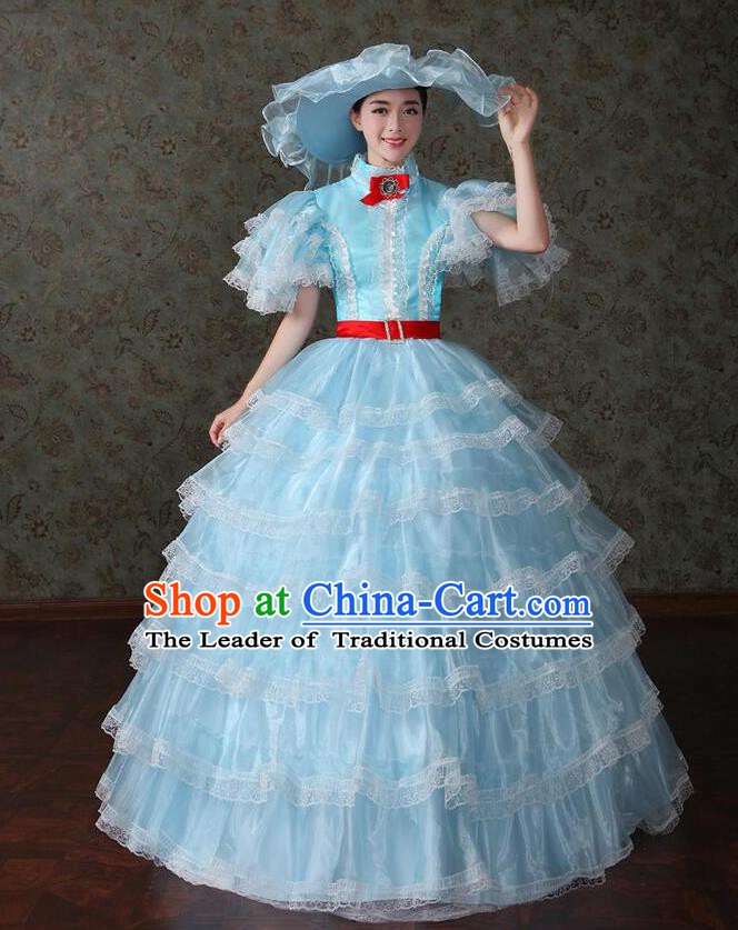 Traditional European Court Noblewoman Renaissance Costume Dance Ball Princess Blue Veil Dress for Women