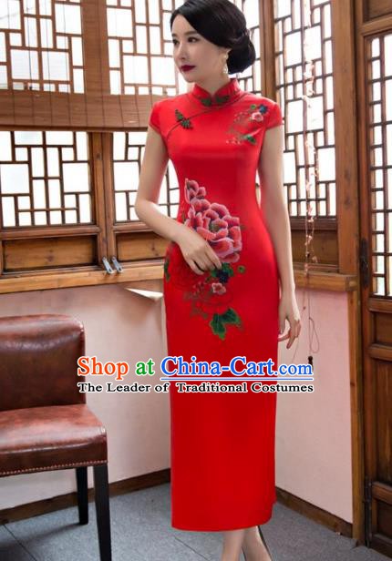 Traditional Chinese National Wedding Costume Printing Peony Red Cheongsam Dress for Women