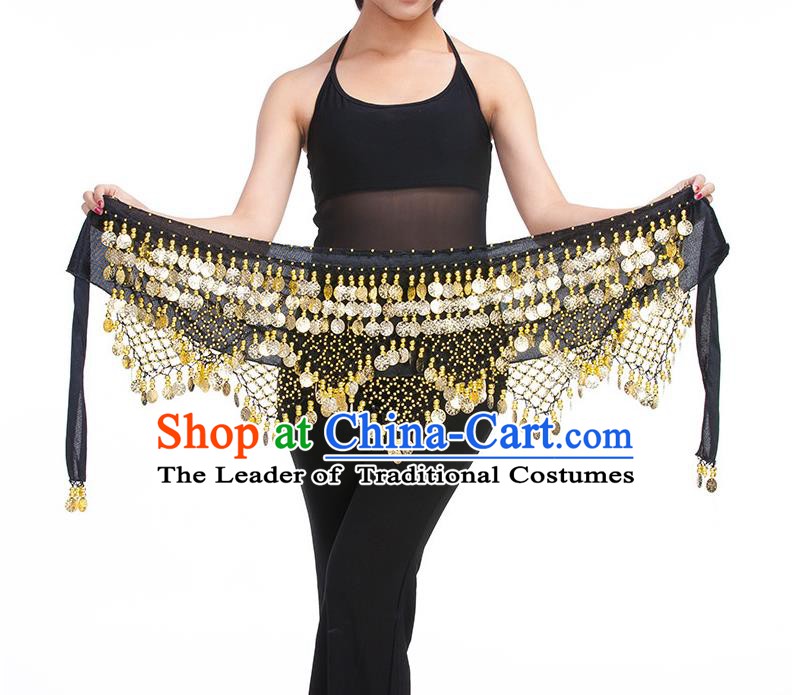 Asian Indian Belly Dance Golden Paillette Black Waistband Accessories India Raks Sharki Belts for Women