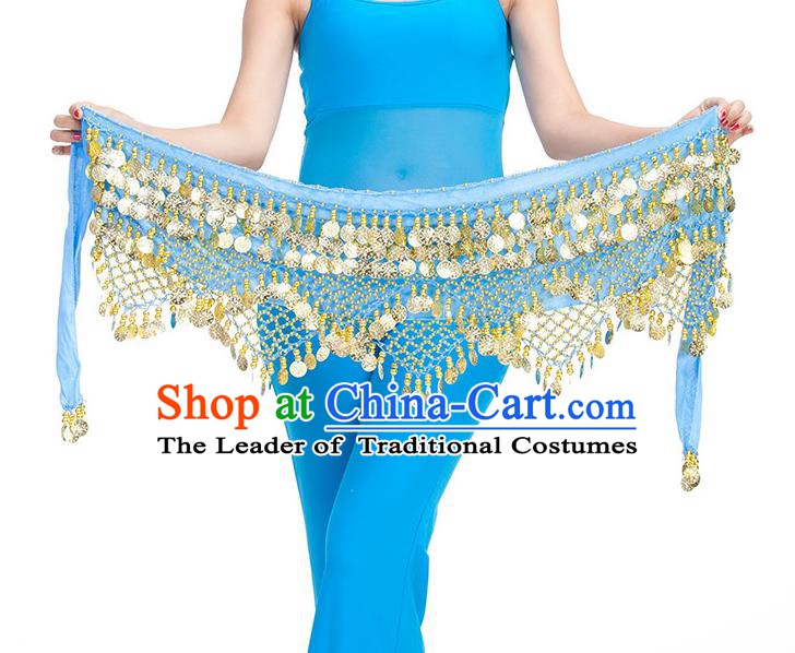 Asian Indian Belly Dance Golden Paillette Blue Waistband Accessories India Raks Sharki Belts for Women