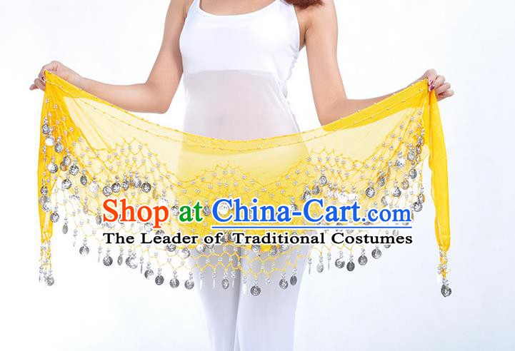 Asian Indian Belly Dance Argent Paillette Yellow Silk Waistband Accessories India Raks Sharki Belts for Women