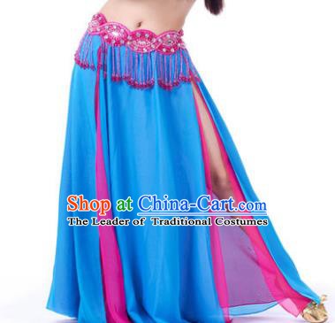 Asian Indian Belly Dance Costume Stage Performance Blue and Rosy Skirt, India Raks Sharki Slit Dress for Women