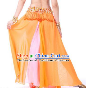 Asian Indian Belly Dance Costume Stage Performance Orange and Pink Skirt, India Raks Sharki Slit Dress for Women