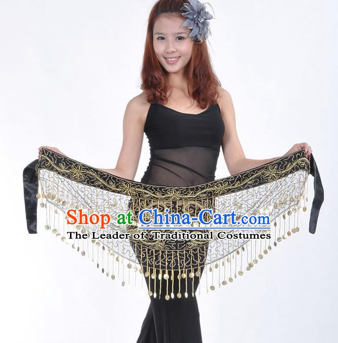 Asian Indian Belly Dance Paillette Black Buttocks Scarf Tassel Waistband India Raks Sharki Belts for Women