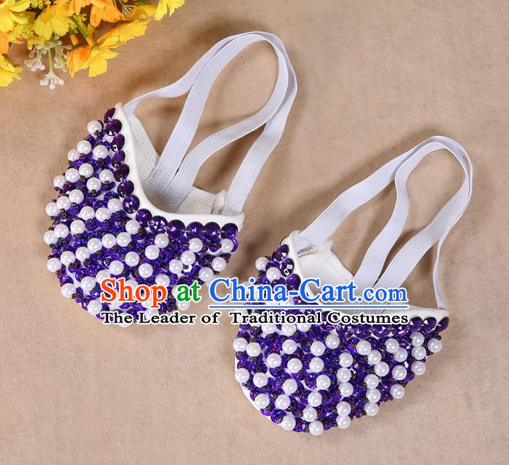 Asian Indian Belly Dance Shoes India Traditional Dance Purple Beads Soft Shoes for for Women