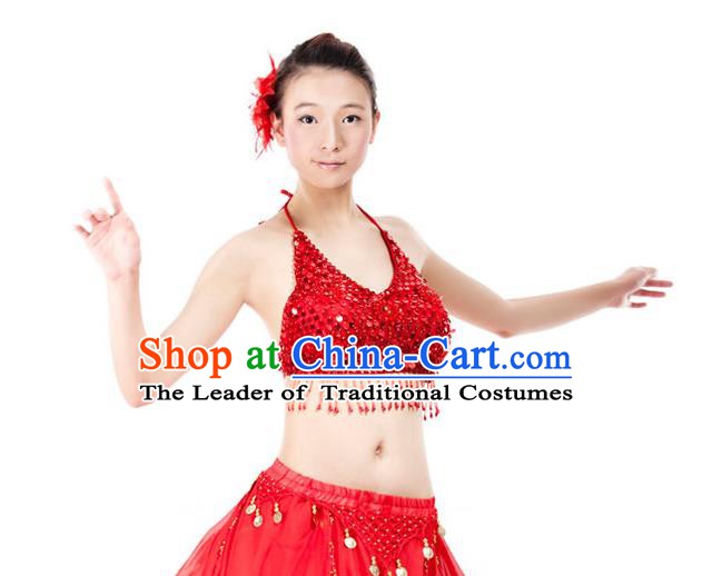 Top Indian Bollywood Belly Dance Costume Oriental Dance Red Paillette Brassiere for Women