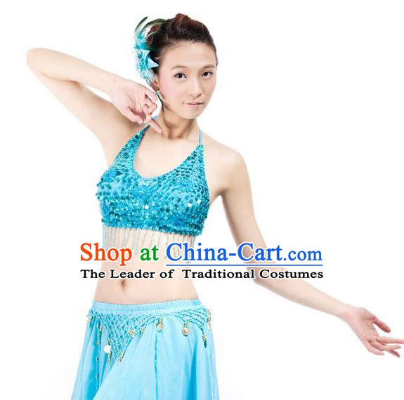 Top Indian Bollywood Belly Dance Costume Oriental Dance Blue Paillette Brassiere for Women