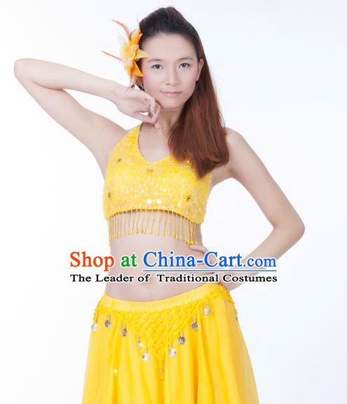 Top Indian Bollywood Belly Dance Costume Oriental Dance Yellow Paillette Brassiere for Women