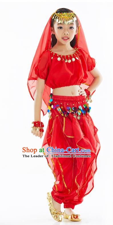 Top Indian Belly Dance Red Costume Oriental Dance Stage Performance Clothing for Kids