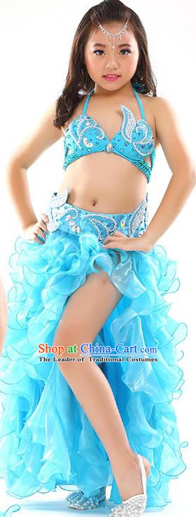 Top Indian Belly Dance Costume Bollywood Oriental Dance Stage Performance Blue Dress for Kids