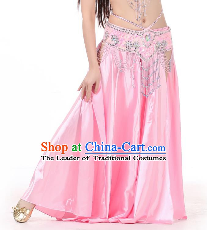Indian Belly Dance Costume Bollywood Oriental Dance Pink Satin Skirt for Women
