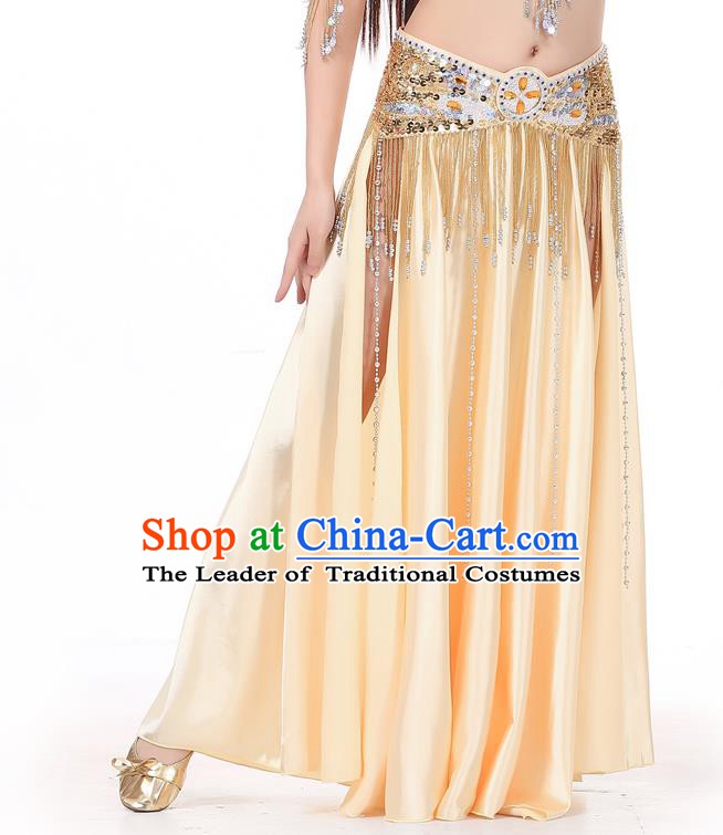 Indian Belly Dance Costume Bollywood Oriental Dance Champagne Satin Skirt for Women