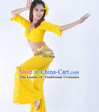 Indian Traditional Belly Dance Yellow Uniform Asian India Oriental Dance Costume for Women
