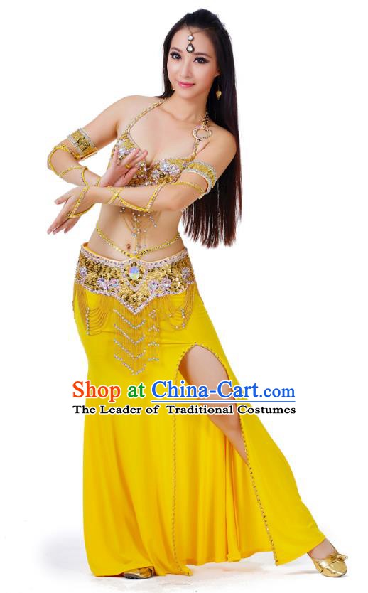 Indian Traditional Belly Dance Yellow Dress Asian India Sexy Oriental Dance Costume for Women