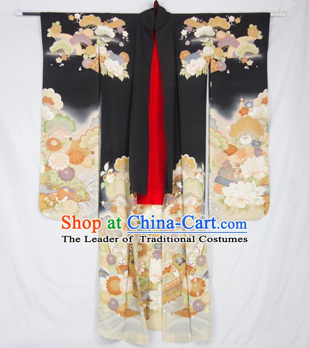 Asian Japanese Traditional Costumes Japan Furisode Kimono Yukata Embroidered Flowers Black Dress Clothing for Women