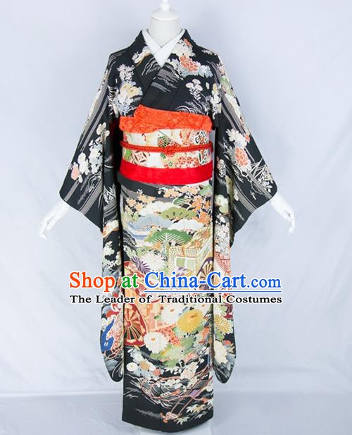 Asian Japanese Traditional Costumes Japan Embroidered Furisode Kimono Yukata Black Dress Clothing for Women
