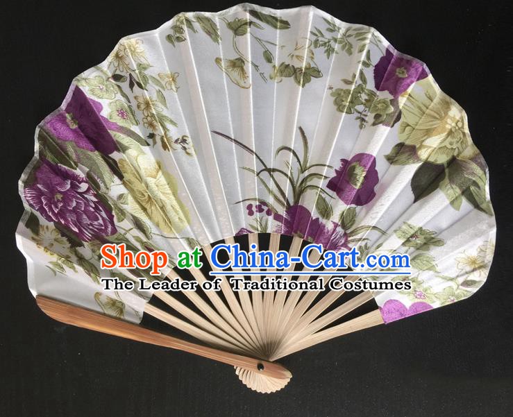 Asian Traditional Folding Fans Kimono Printing White Satin Fans Dance Fan for Women