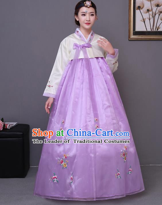 Asian Korean Court Costumes Traditional Korean Bride Hanbok Clothing White Blouse and Purple Dress for Women
