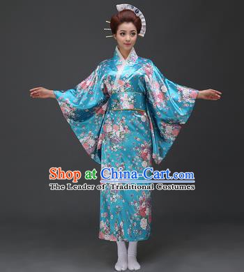 Asian Japanese Traditional Costumes Japan Printing Flowers Blue Satin Furisode Kimono Yukata Dress Clothing for Women