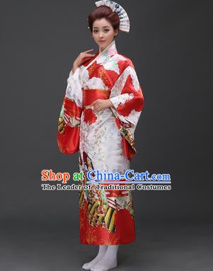 Asian Japanese Traditional Costumes Japan Printing Red Satin Furisode Kimono Yukata Dress Clothing for Women