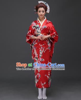 Asian Japanese Traditional Costumes Japan Printing Flowers Red Satin Furisode Kimono Yukata Dress Clothing for Women