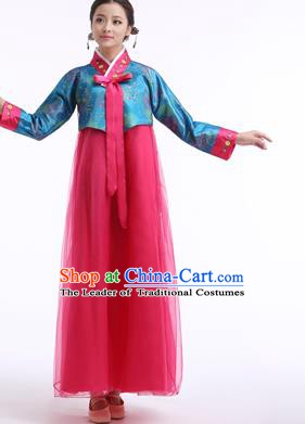 Asian Korean Palace Costumes Traditional Korean Bride Hanbok Clothing Blue Blouse and Rosy Veil Dress for Women