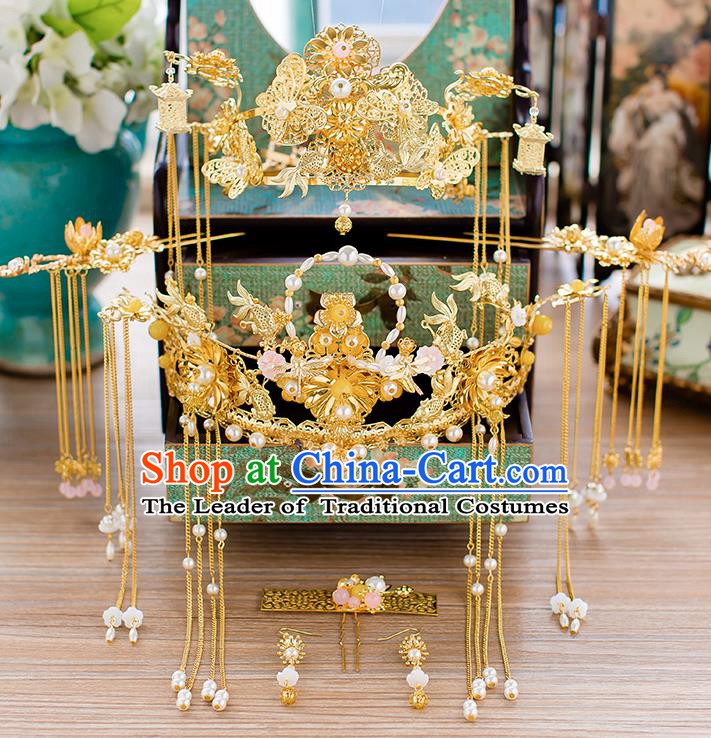 Chinese Handmade Classical Wedding Hair Accessories Ancient Xiuhe Suits Pearls Phoenix Coronet Hairpins for Women