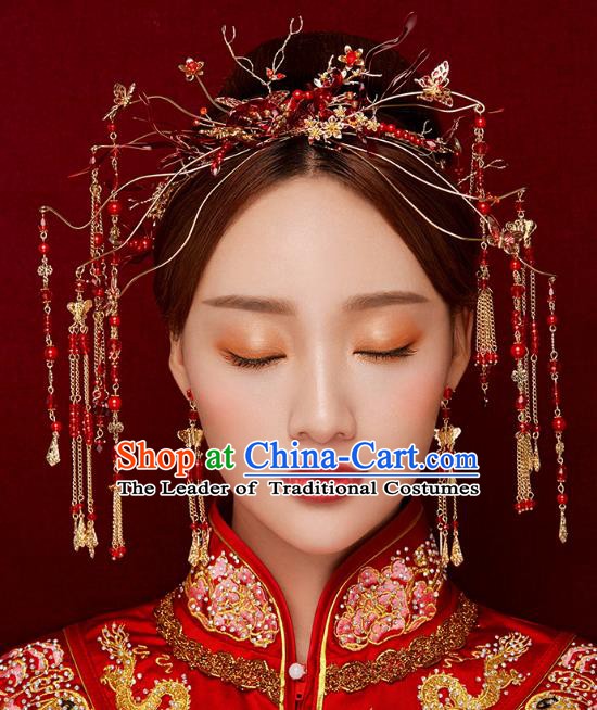 Chinese Handmade Classical Wedding Hair Accessories Ancient Tassel Hairpins Red Step Shake for Women