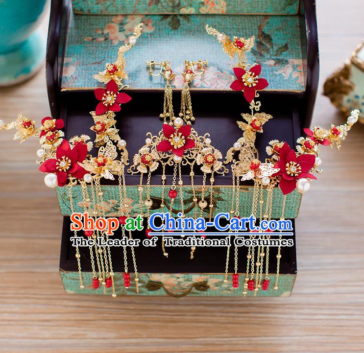 Chinese Handmade Classical Wedding Hair Accessories Ancient Xiuhe Suits Red Flowers Hair Stick Hairpins for Women