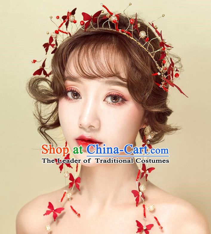 Handmade Classical Wedding Hair Accessories Bride Red Butterfly Hair Clasp Headband for Women