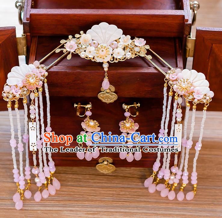 Chinese Handmade Classical Wedding Hair Accessories Ancient Pink Tassel Hairpins Step Shake for Women