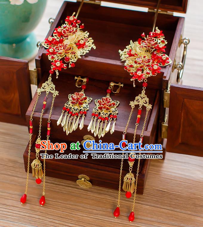 Chinese Handmade Classical Hair Accessories Ancient Palace Red Tassel Hairpins for Women