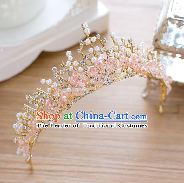 Handmade Classical Hair Accessories Baroque Pink Crystal Beads Royal Crown Princess Coronet for Women