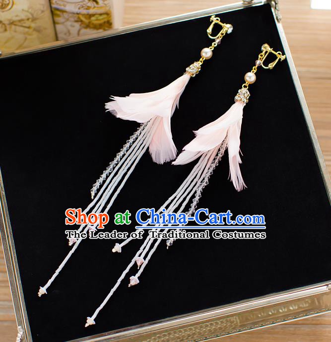 Handmade Classical Wedding Accessories Bride Pink Feather Tassel Earrings for Women