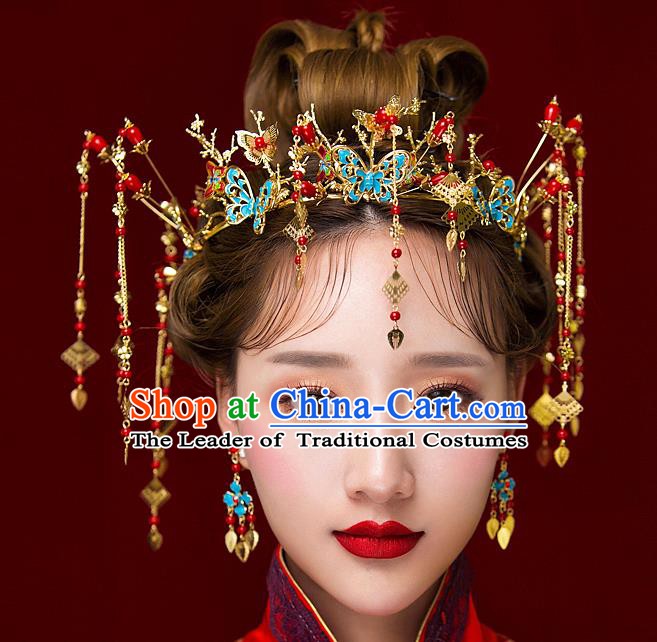 Chinese Handmade Classical Hair Accessories Ancient Palace Blueing Phoenix Coronet Hairpins Complete Set for Women