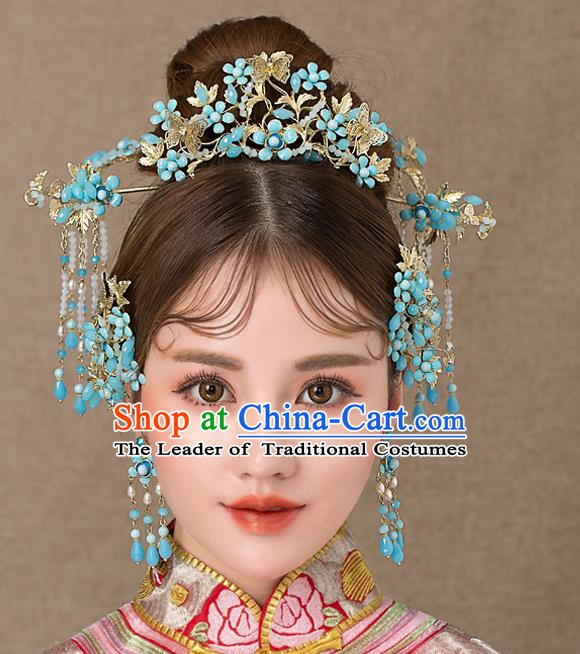 Chinese Handmade Classical Hair Accessories Ancient Palace Hairpins Blue Tassel Step Shake Complete Set for Women
