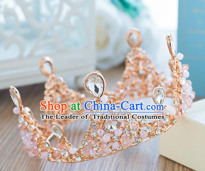 Handmade Classical Hair Accessories Bride Baroque Pink Beads Crystal Round Royal Crown for Women