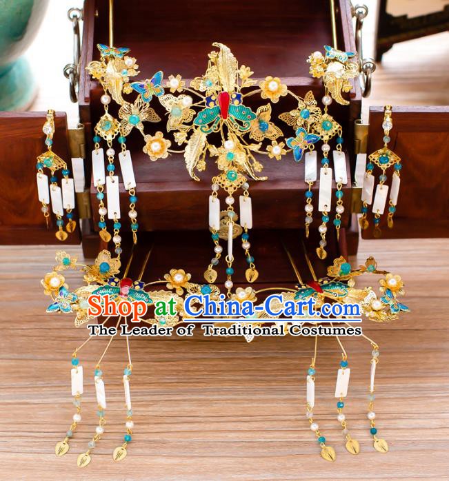 Chinese Handmade Classical Hair Accessories Ancient Blue Butterfly Phoenix Coronet Tassel Hairpins for Women