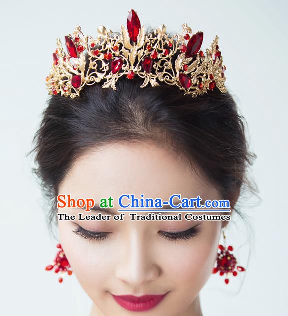 Handmade Classical Hair Accessories Baroque Luxury Red Crystal Hair Clasp Royal Crown Headwear for Women